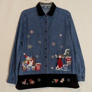 QUIZZ AGAIN Blue Denim Long Sleeve Christmas Shirt Blouse; Black Velvet; Size XL